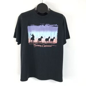 Vintage JERZEES Wyoming Centennial Graphic T-Shirt Men's XL Horses Cowboy 80s